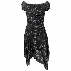 Taboo Black Sheer Floral Handkerchief Hem
Dress Y2K Fairy Goth Ruched Mesh Med